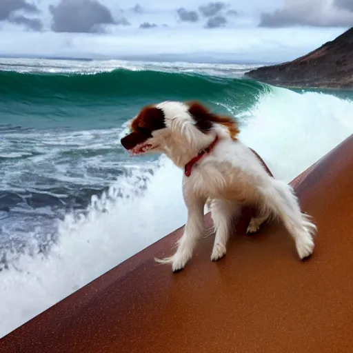 Prompt: photo of a dog surfing in a volcano