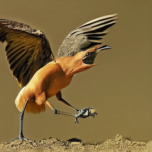 Prompt: common bird with human muscular arms in place of wings, national geographic award winning photo