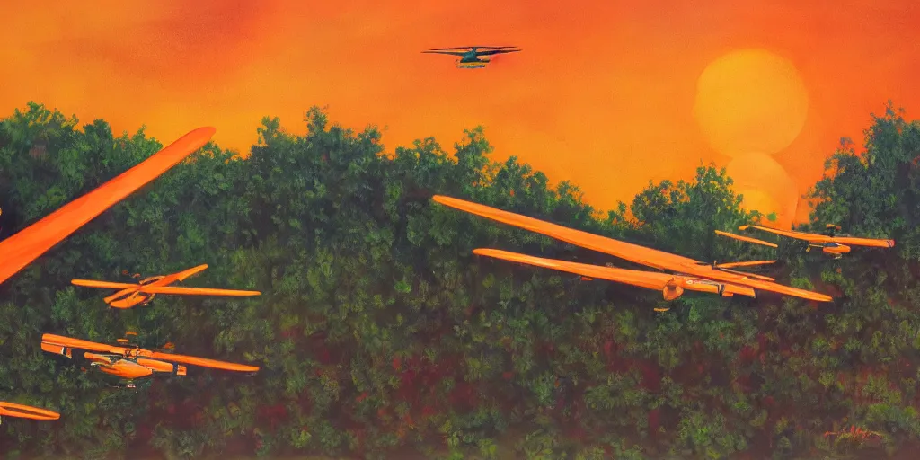 Image similar to Painting of vietnam American helicopters, above a forest, orange sun set, abstract, realism, 8k, detailed, glow