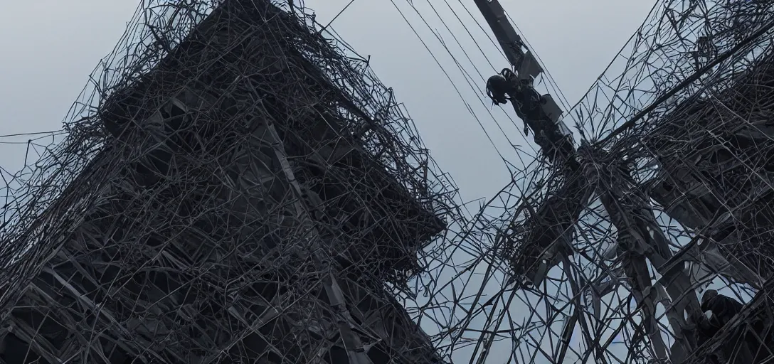 Prompt: Wireless Internet technician looking up from the base of a giant telecommunications tower covered in wireless antennas, getting ready to climb and replace radio. Post apocalypitic landscape, dystopia. Roger Deakins Cinematography, james gurney, james jean, greg rutkowski, anato finnstark. hyper detailed, 35mm, hazy atmospheric lighting volumetric