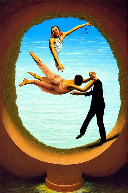 Image similar to optical illusion painting of a couple dancing in a worm hole, illusionism, mind blow, by leandro erlich and salvador dali, detailed