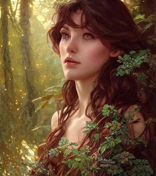 Image similar to beautiful cottagecore brunette woman, intricate, magical forest, stunning, highly detailed, digital painting, artstation, concept art, smooth, sharp, focus, illustration, art by artgerm and greg rutkowski and alphonse mucha