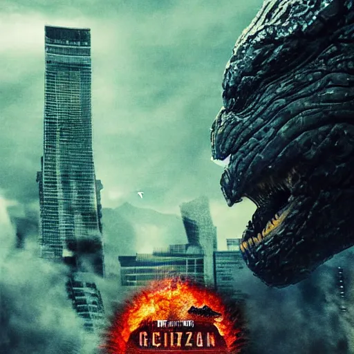 Image similar to liam neeson versus godzilla, movie poster, profile angle, high quality, realistic, head to head poster