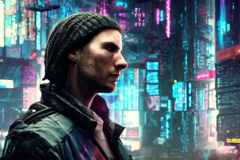 Image similar to video game movie of a cyberpunk hacker closeup portrait in high tech compound by Emmanuel Lubezki