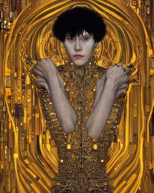 Prompt: Golden Portrait of a Cyborg from Ghost in the shell by Gustav Klimt, cyberpunk noir, baroque elements, intricate artwork by caravaggio, aesthetic, intricate, highly detailed, masterpiece