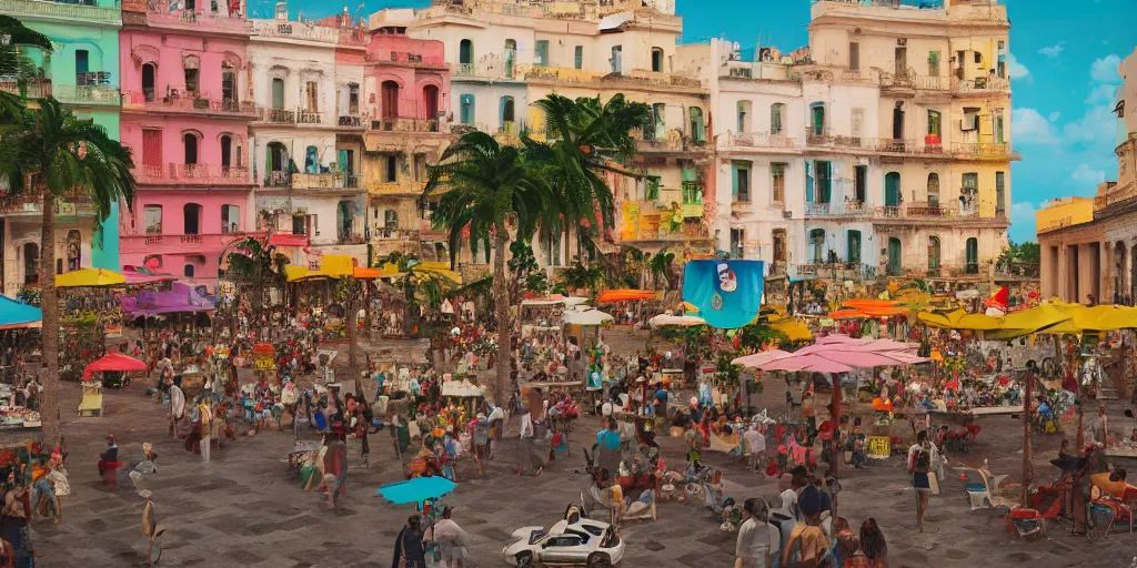 Image similar to cuba city square, cuban jazz, colorful, contrast, depth of field, 3 d scene, render, greg rutkowski, zabrocki, karlkka, jayison devadas, trending on artstation, 8 k, ultra wide angle, zenith view, pincushion lens effect