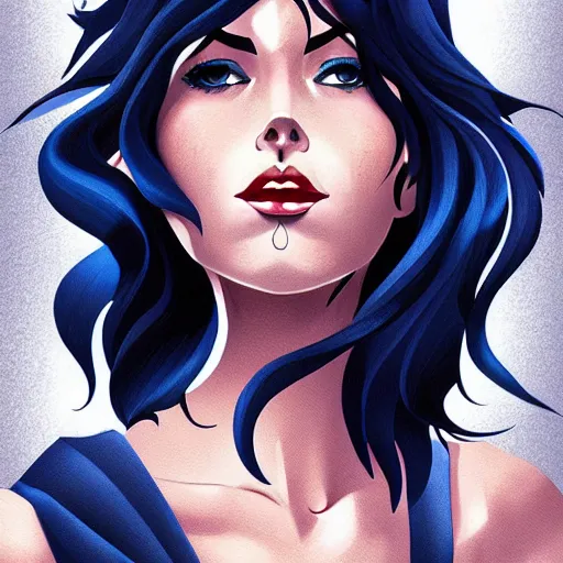 Prompt: a stunning upper body portrait of a beautiful woman with navy blue hair blowing in the wind by marvel comics, digital art, trending on artstation