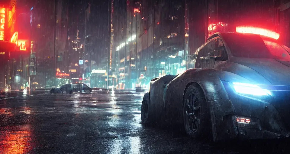 Image similar to closeup photo of combat tesla cybertruck flying over wet dystopian cyberpunk city streets at night, mad max, action, speed, volumetric lighting, hdr, need for speed, gta 5, forza, ridley scott, makoto shinkai, syd mead, craig mullins, cinematic, fast and furious, blade runner, octane, 8 k, iso 1 0 0, 1 2 mm