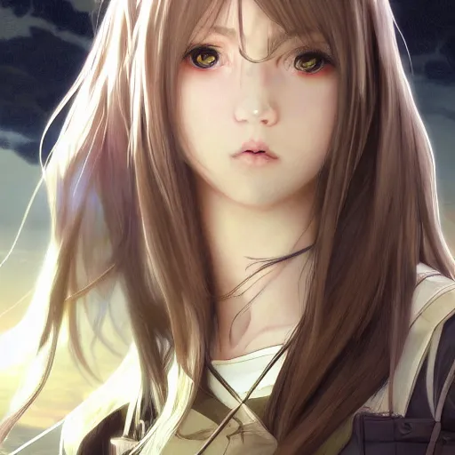 Image similar to soldier girl, anime style, long hair, hair down, symmetrical facial features, girls frontline cg, hyper realistic, pale skin, 4 k, rule of thirds, extreme detail, detailed drawing, trending artstation, hd, d & d, realistic lighting, by alphonse mucha, greg rutkowski, sharp focus, backlit, ground explosion