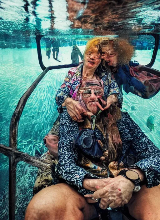 Image similar to detailed colourful masterpiece of photography by anne leibovitz couple portrait sat down extreme closeup, love, inside an underwater train, detailed realistic expressions, wearing unusual clothes, by mcbess, ultra wide angle