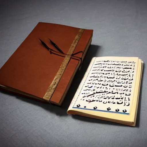 Prompt: a journal written in nonsense writing, arabic script, thai script, written in journal with pen