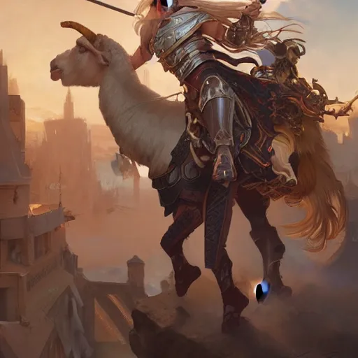 Prompt: a blonde paladin woman fighting a giant goat on the streets of a fantasy town, d & d, fantasy, highly detailed, digital painting, artstation, concept art, character art, art by greg rutkowski and tyler jacobson and alphonse mucha