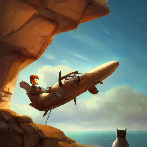 Prompt: a painting of a person sitting on a rock with a cat and a plane at the side, an ultrafine detailed painting by mandy jurgens, featured on deviantart, fantasy art, 2 d game art, ilya kuvshinov, steampunk