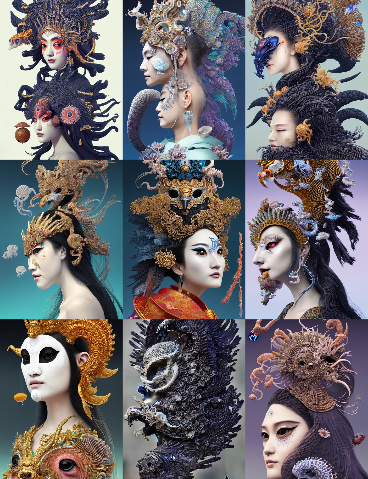 Image similar to 3 d goddess close - up profile portrait with crown, ram skull. beautiful intricately detailed japanese crow kitsune mask and clasical japanese kimono. betta fish, jellyfish phoenix, bio luminescent, plasma, ice, water, wind, creature, artwork by tooth wu and wlop and beeple and greg rutkowski