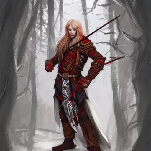 Prompt: D&D portrait male half elf artificer with a red mane, wearing a intricately details coat in white and hold, carrying a crossbow, artstation, digital illustration by Chris Rallis