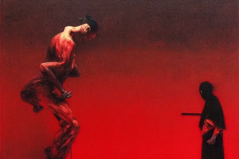 Image similar to only with red, a red samurai harakiri, tokio, a lot of frogs watch, in the style of beksinski, parts by edward hopper, parts by rodcenko, parts by yue minjun, intricate and epic composition, red by caravaggio, insanely quality, highly detailed, masterpiece, red light, artstation, 4 k