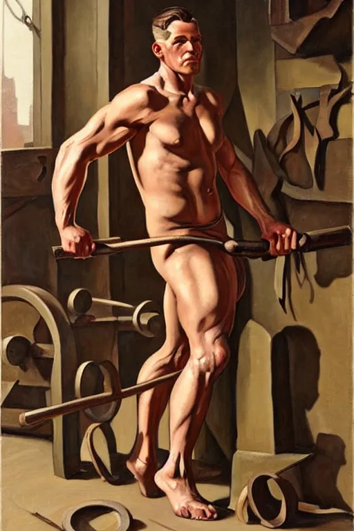 Image similar to muscular sweaty male blacksmith, forgehouse painting by j. c. leyendecker, tom of finland