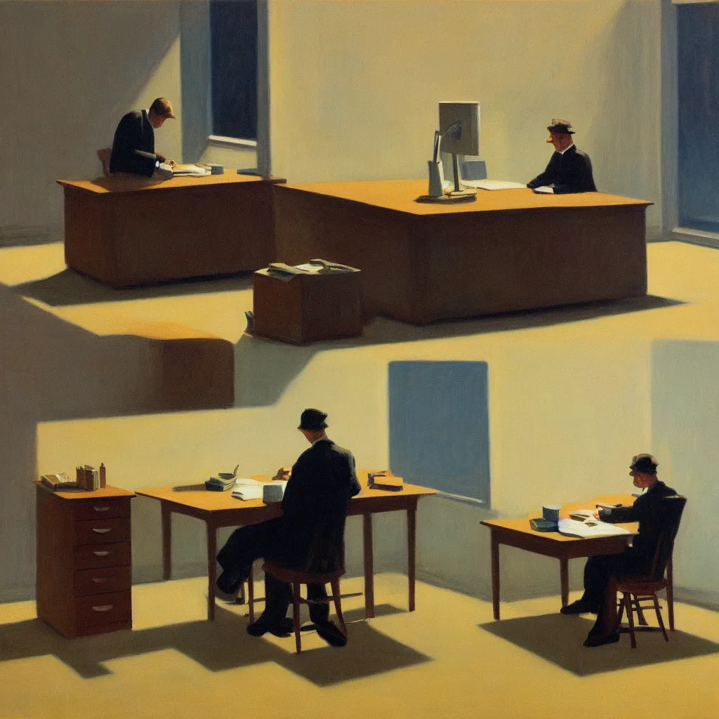 Image similar to painting of a lone man, sitting at his desk in an empty, huge office, in the style of edward hopper