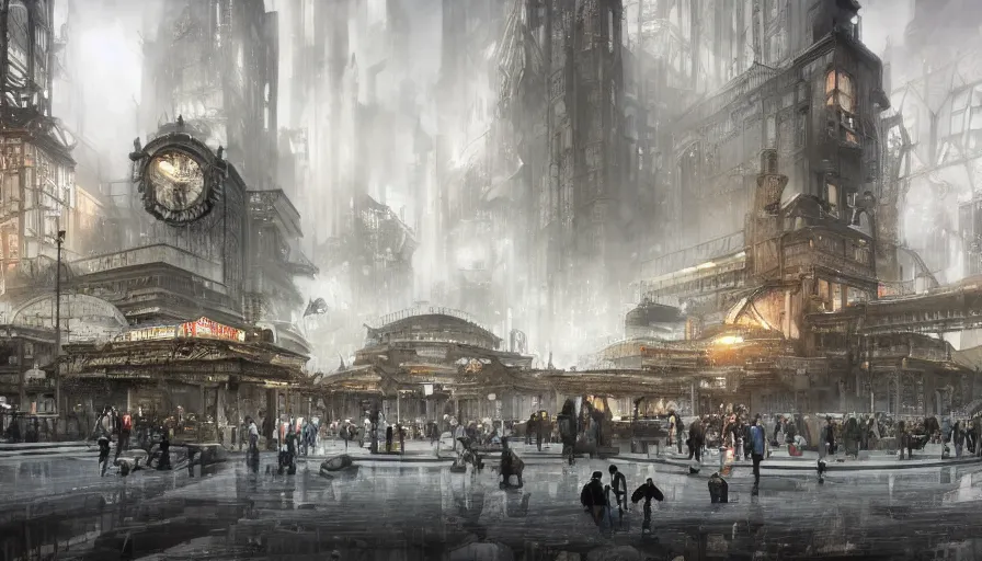 Image similar to City square in a Dieselpunk city, fontains with sculptures of people mixed with angines made from marble and petrol flowing instead of water, steam, epic composition, intricate, elegant, volumetric lighting, digital painting, highly detailed, artstation, sharp focus, illustration, concept art, ruan jia, steve mccurry