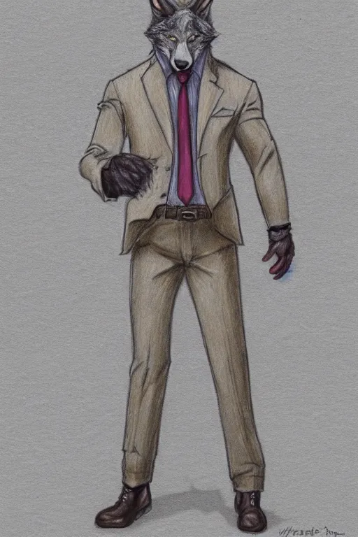 Prompt: master furry artist colored pencil drawing full body portrait character study of the anthro male anthropomorphic wolf fursona animal person detective new york city street
