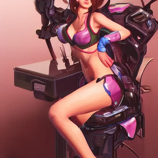 Prompt: Portrait of D.Va wearing gloves, sitting on a chair, intricate upper body, whole body, highly detailed, digital painting, artstation, concept art, smooth, sharp focus, illustration, art by Hajime Sorayama