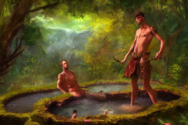 Prompt: alone upright anthro man lizard finding a colorful hotspring deep in forest, oil painting, highly detailed, medieval fantasy, featured on artstation