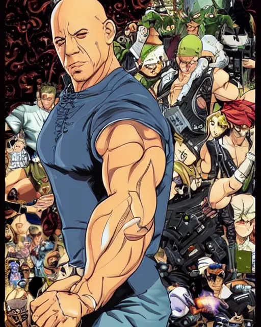 Image similar to Digital color pen drawing of Vin Diesel from JoJo\'s Bizzare Adventure with a robot standing behind him, highly detailed, sharp focus, screentone shading, 1990 manga panel, trending on ArtStation, manga cover art drawn by Hirohiko Araki