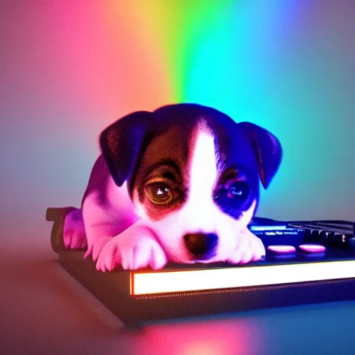 Image similar to puppy as a DJ, 8k, volumetric lighting, hyper realistic