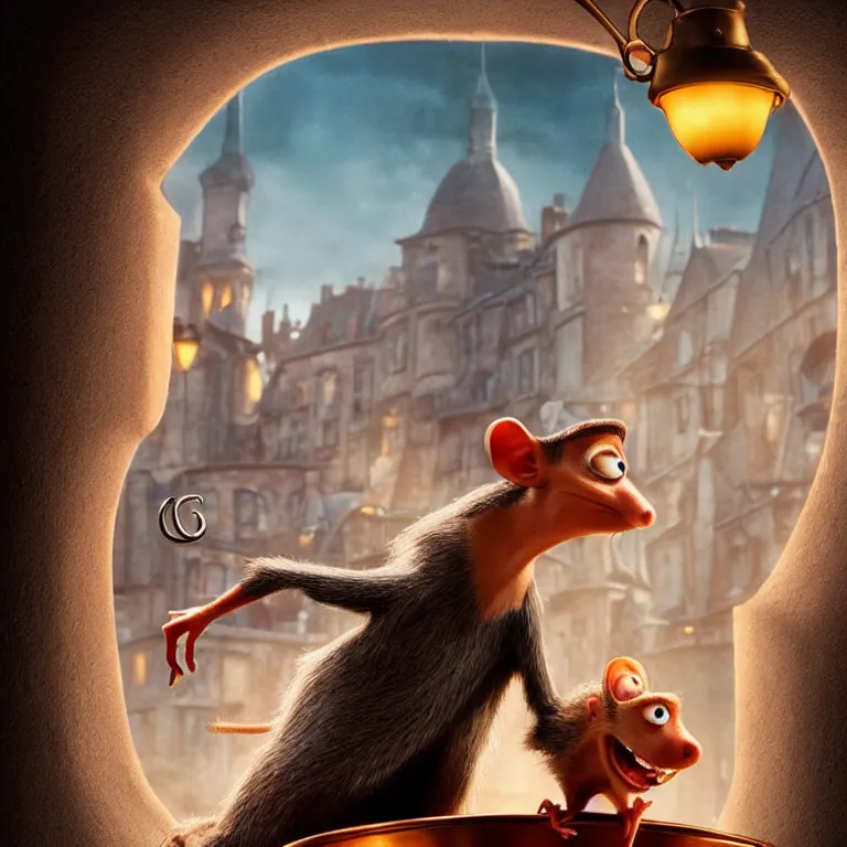 Image similar to beautiful cinematic fantasy poster the rat from ratatouille dramatically tossing food into a copper pot of soup, wideshot ultrawide angle epic scale, hybrid from The Elden Ring and art direction by Darius Zawadzki ;by artgerm; wayne reynolds art station; cinematic quality character render; low angle; ultra high quality model; production quality cinema model;