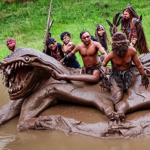 Prompt: tribal warriors fighting off a giant creature made of mud near a river,