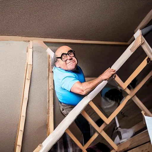 Prompt: danny devito climbing out of an attic ( sony a 7 r iv, symmetric balance, polarizing filter, photolab, lightroom, 4 k, dolby vision, photography awardm, voque, perfect face )