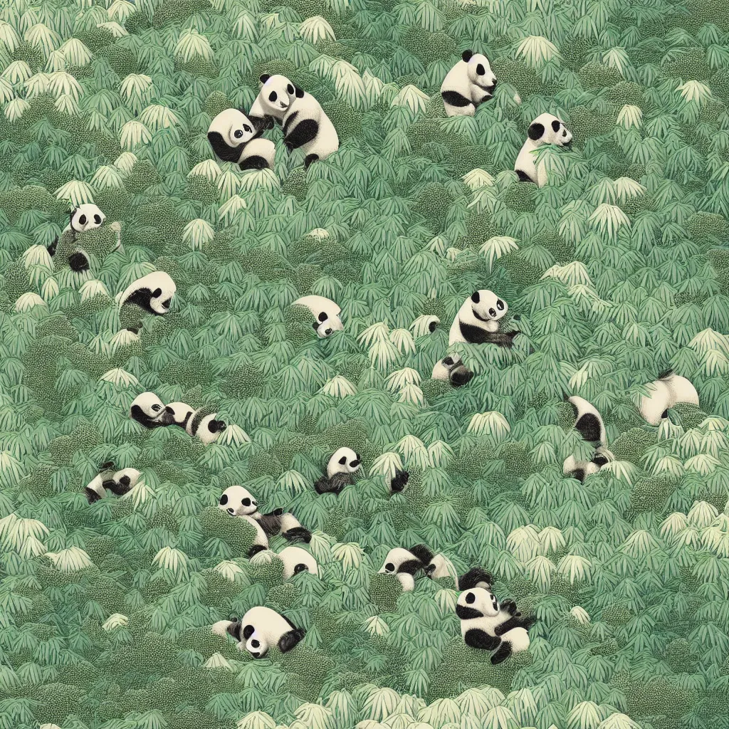 Image similar to isometric view illustration of a bamboo forest and panda, highly detailed mid day by victo ngai