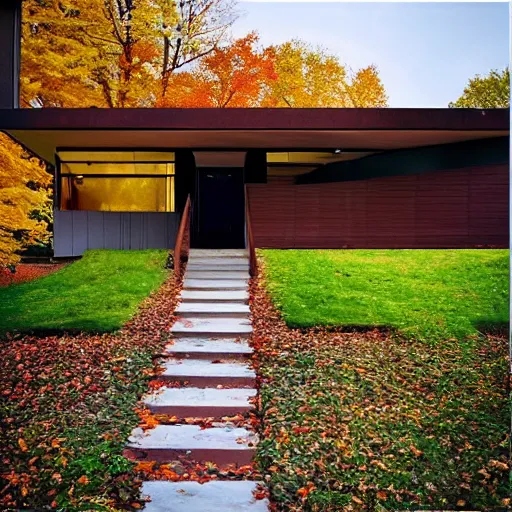 Image similar to “an American house design as a hybrid Usonian and brutalist style. During autumn. Real estate photography”