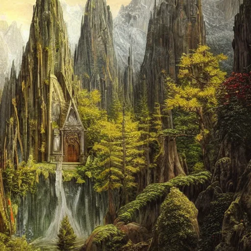 Prompt: A beautiful and highly detailed oil painting of beautiful elven temple in the mountains, detailed trees and cliffs, intricate details, rivendell, 8k, by Caspar Friedrich