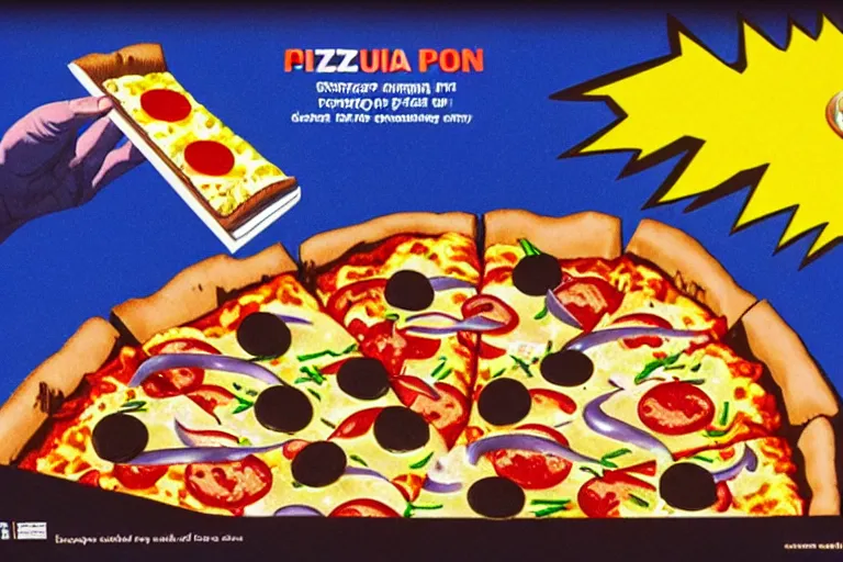 Image similar to pizza, 80s, advertisement, anime, explosion, explosion, explosion