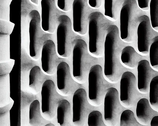 Image similar to by francis bacon, escher, mystical photography evocative. an fractal concrete brutalist carved sculpture, standing in a city center.