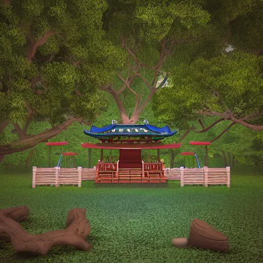 Image similar to an isometric 3 d render of a shinto shrine in the forest, isometric