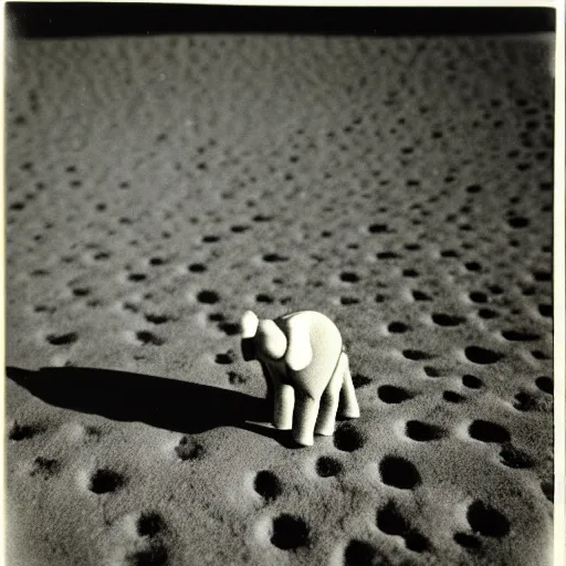 Image similar to extremely detailed black and white polaroid picture by john l. gaunt of a little elephant standing on the moon's surface