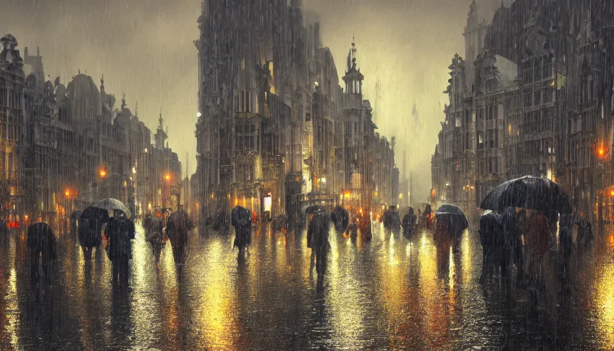 Prompt: brussels under rain, people with umbrella, evening, wet paved road, hyperdetailed, artstation, cgsociety, 8 k