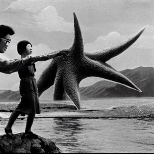 Image similar to a couple escaping from a giant Kaiju Starfish Monster over a traditional Korean village, minimal cinematography by Akira Kurosawa, movie filmstill, film noir, thriller by Kim Jong-il and Shin Sang-ok