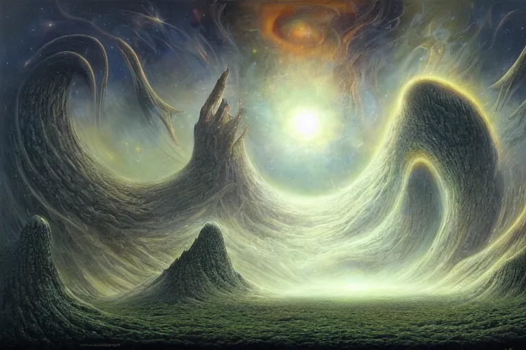 Image similar to a galactic size imposing creature made out of dark space matter consuming a planet. art by tomasz alen kopera and gaston bussiere.