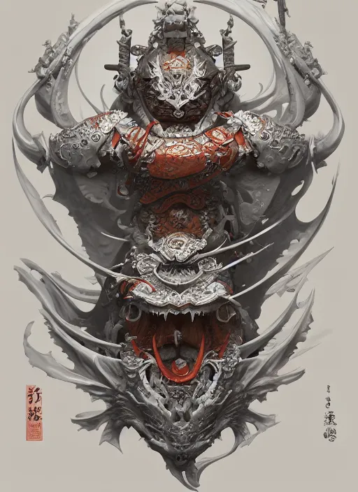 Image similar to subsurface scattering, white, koi, samurai deity with filigree koi armor, octane render, by jesper ejsing, james jean, justin gerard, tomasz alen kopera, cgsociety and fenghua zhong, highly detailed, rim light, cinematic lighting, art, very coherent, cinematic, hyper realism, high detail, 8 k