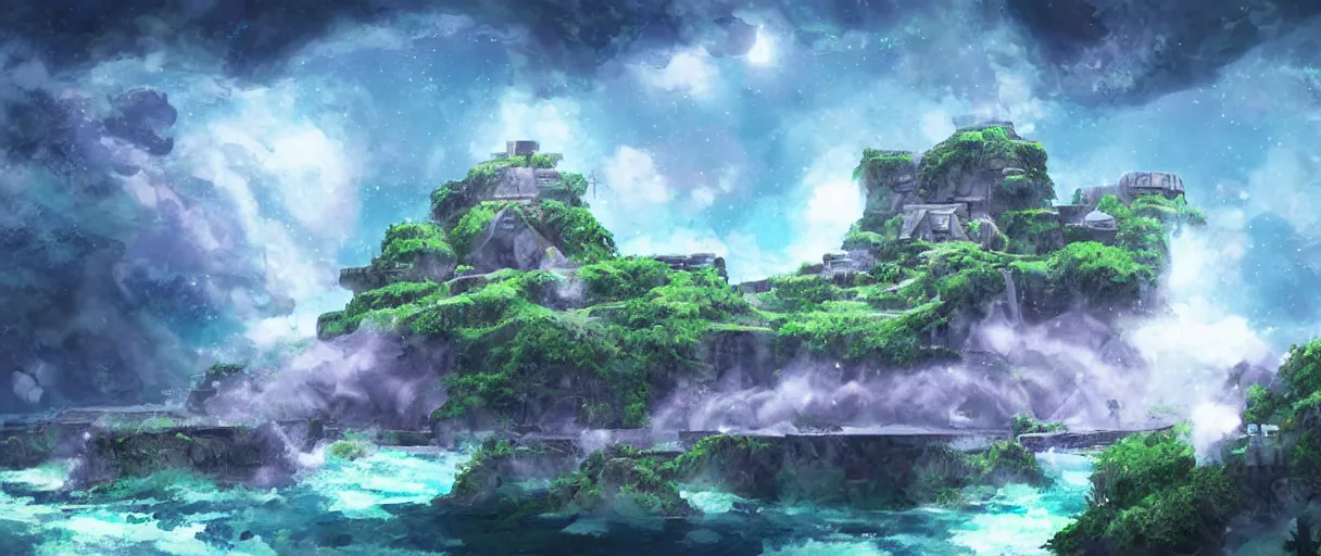 Prompt: a small crumbling island in space with waterfalls, studio ghibli, digital art, detailed, depth of field