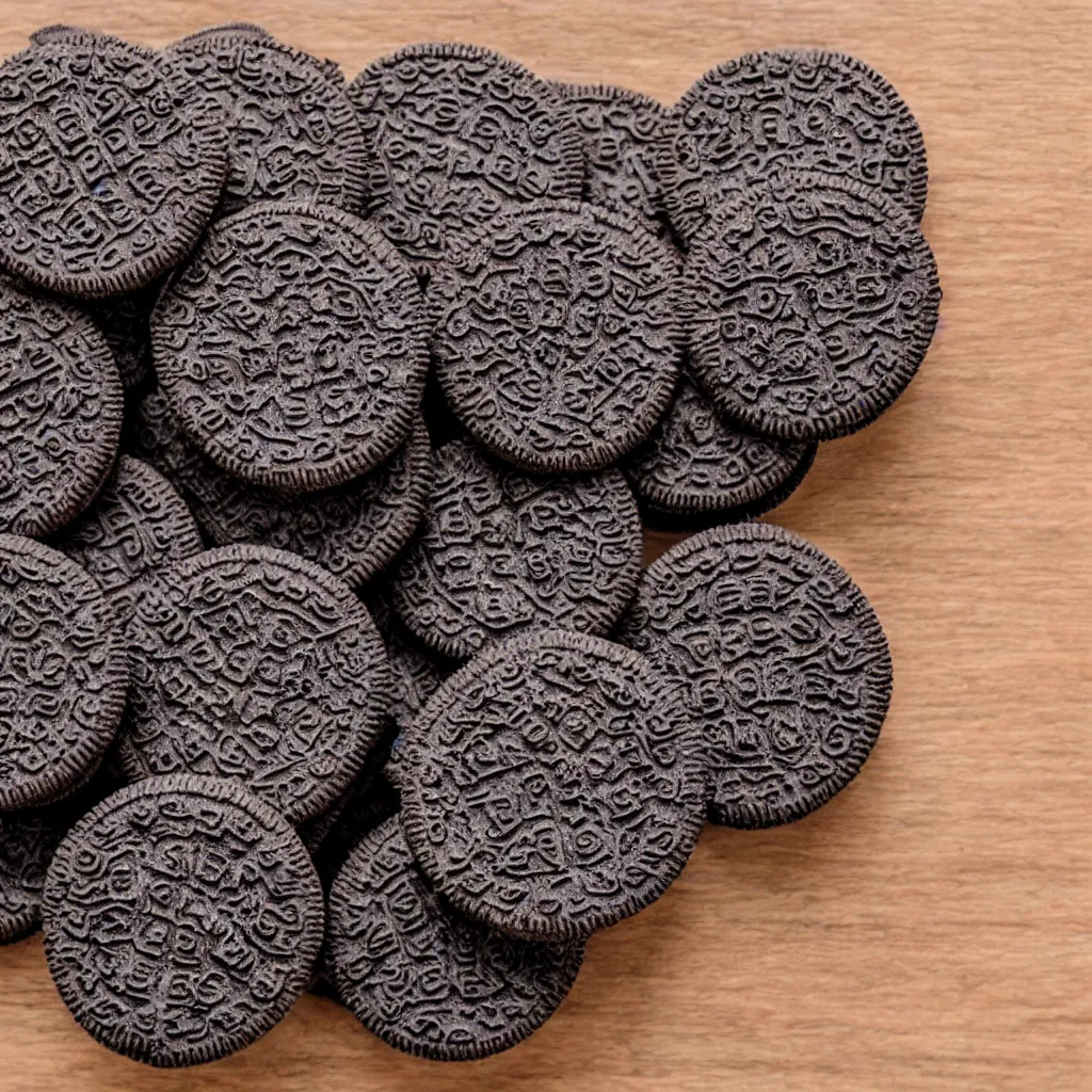 Image similar to close - up view of oreos on top of a wooden table, 8 k, high detail, photorealistic, proper shading