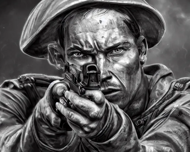 Prompt: A soldier aiming a gun with a hateful face, world war 1, close-up, realistic face, beautiful face detail, mature facial features, black and white, amazing digital art, hyper detailed, artstation, in the style of Tony Sart