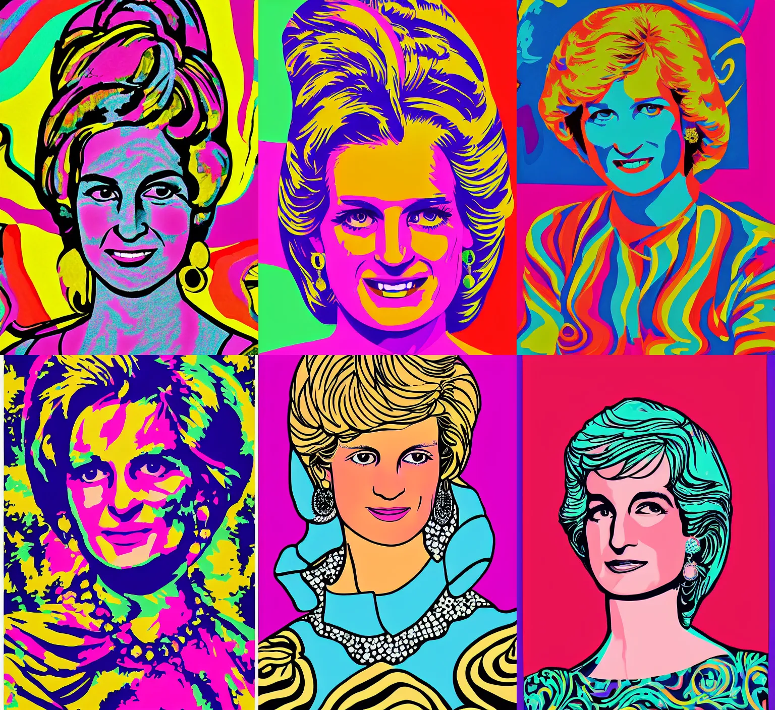 Prompt: a portrait of Lady Diana in the style of a 1960s psychedelic poster print by Wes Wilson