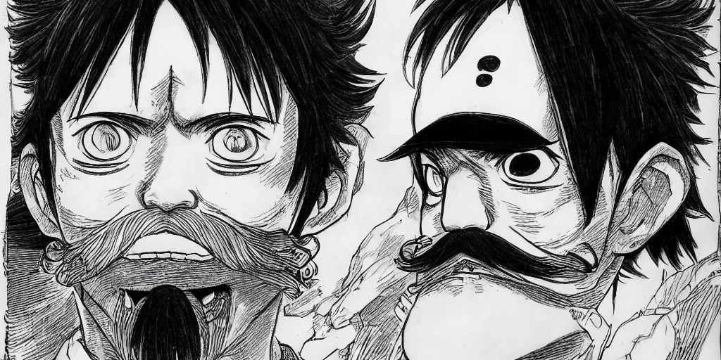 Image similar to [ luffy mustache ] ( by kim jung gi ) ( by kentaro miura )