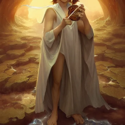 Image similar to young summoner with a water elemental, fantasy, man, thick robes, intricate, elegant, highly detailed, digital painting, artstation, concept art, wallpaper, smooth, sharp focus, illustration, art by artgerm and greg rutkowski and alphonse mucha