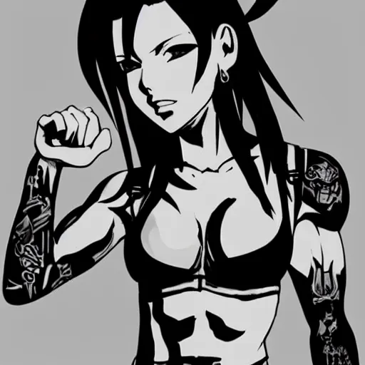 Image similar to high quality art of tifa lockhart with tattoos, flexing, trending on artstation