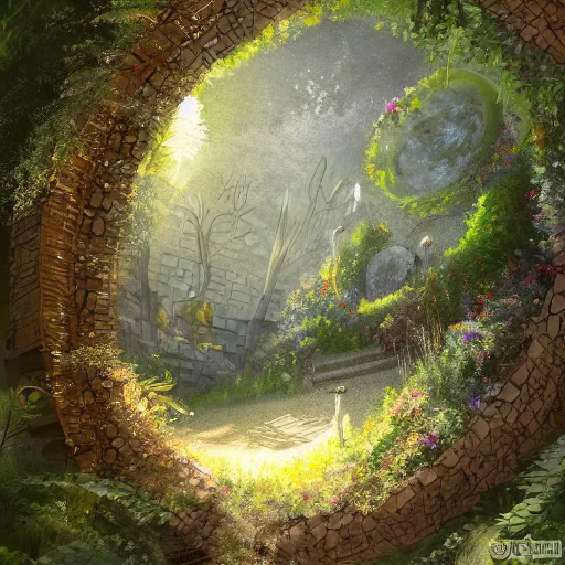 Image similar to a portal in a mysterious garden filled with spherical plants, trending on art station